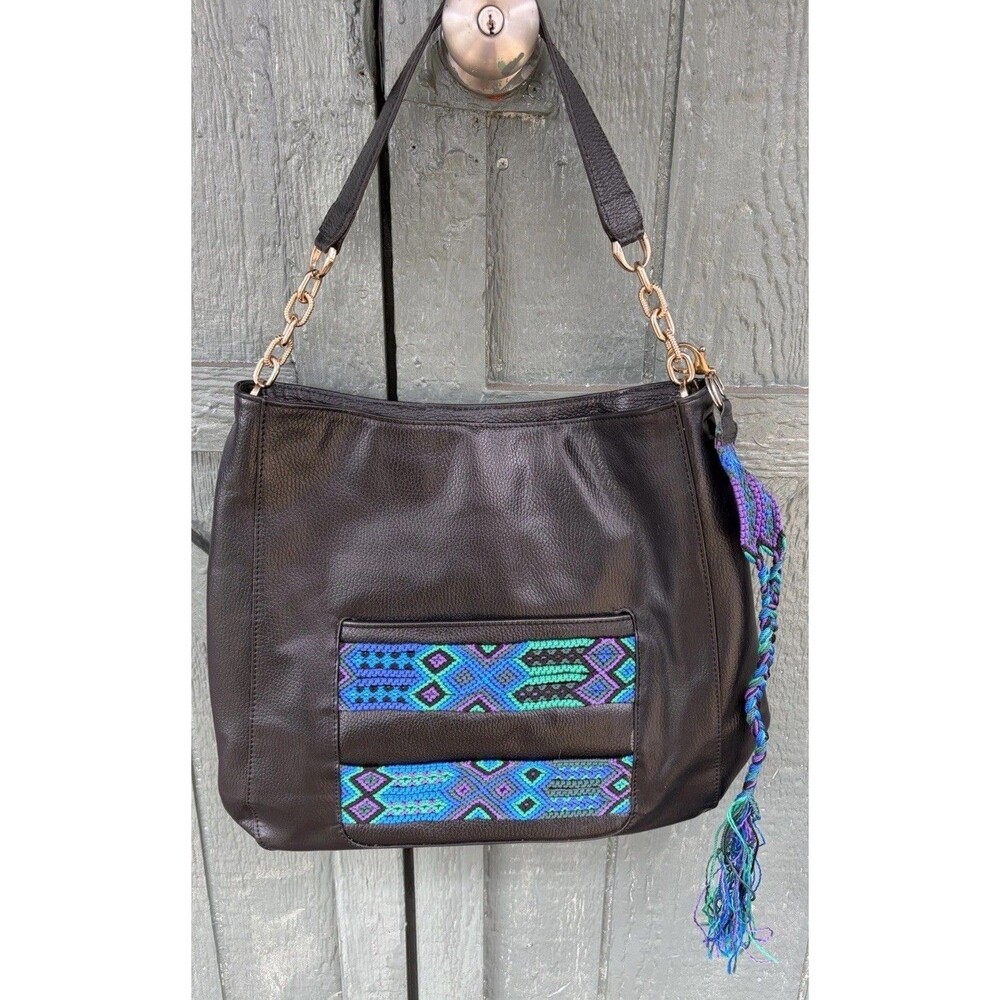 L&L Black Leather Shoulder Bag Made in Mexico Artisan Woven